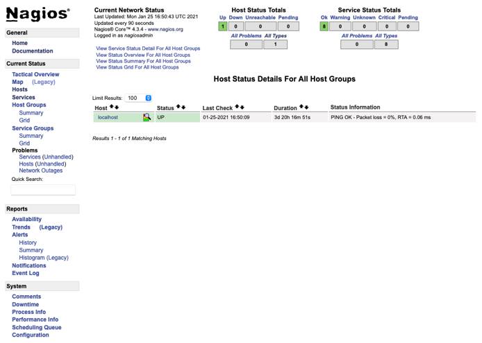 Nagios page displaying monitoring status