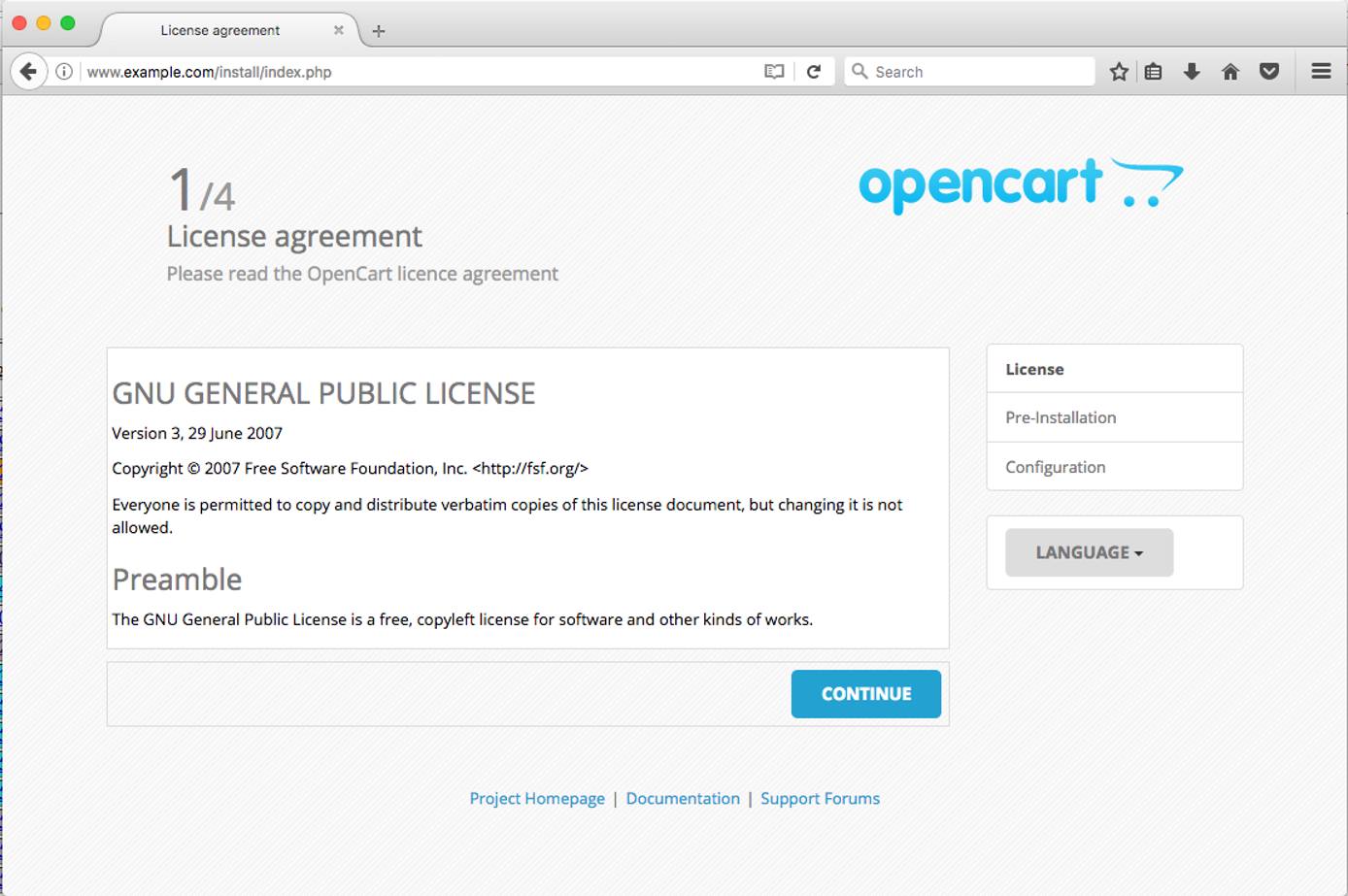 OpenCart Installer Page 1.