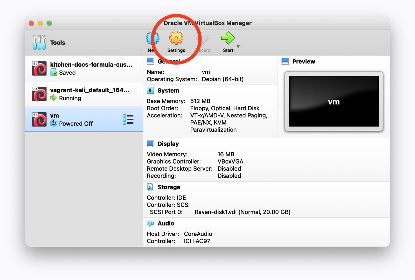 VirtualBox VM List - Raven VM Settings Button Highlighted
