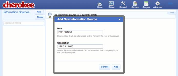 Creating a new information source on the &ldquo;Sources&rdquo; page of the Cherokee admin panel on Fedora 13.