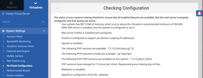 Virtualmin Check Configuration Results